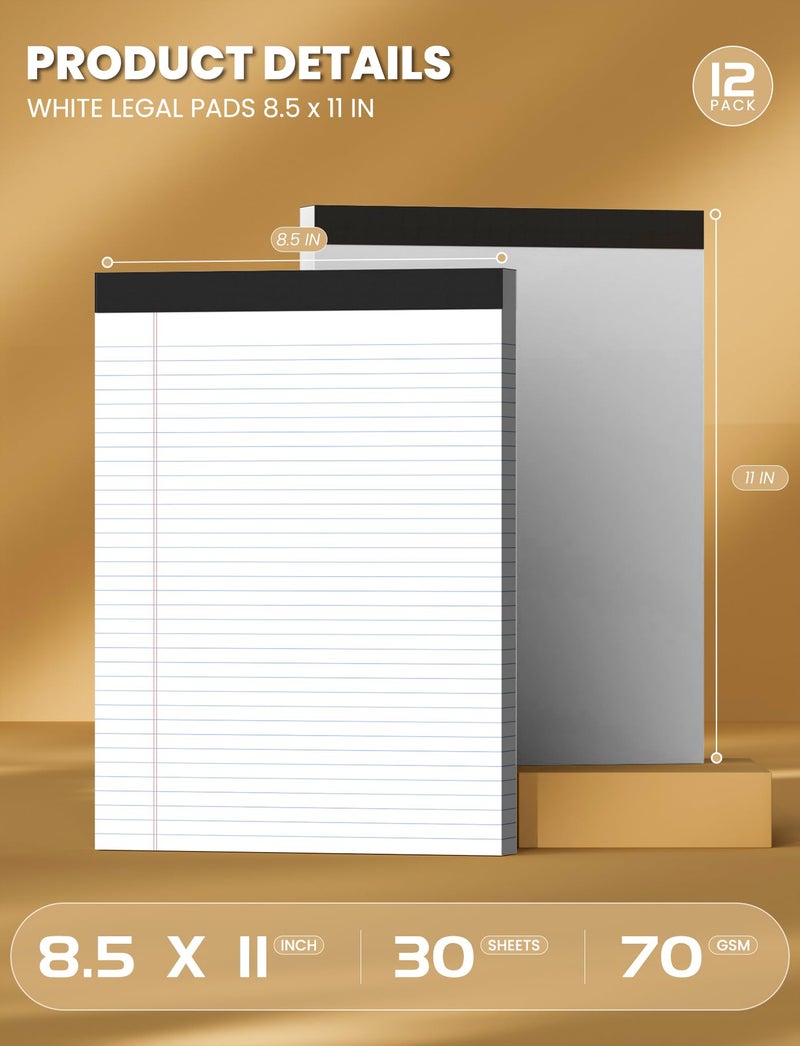Aidunmis 12 Pack White Legal Pads 8.5 x 11 College Ruled, 30 Sheets Per Note Pads 8.5 x 11, Perforated Lined Paper Pads 8.5 x 11.75, Writing Pads with Sturdy Backing, Legal Notepads for School, Office, Home - Image 2